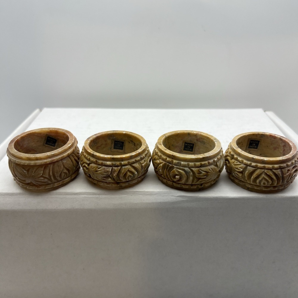 Vtg Hand Carved Soapstone Napkin Rings Set of 4 Floral Rose Boho Made in India